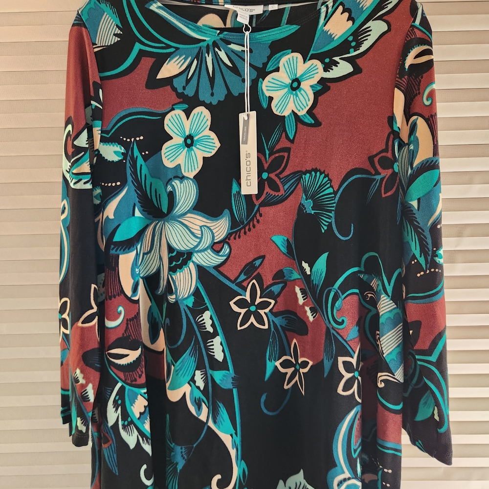 Chico's NWT Floral Print Tunic with Zipper Detail Sleeves